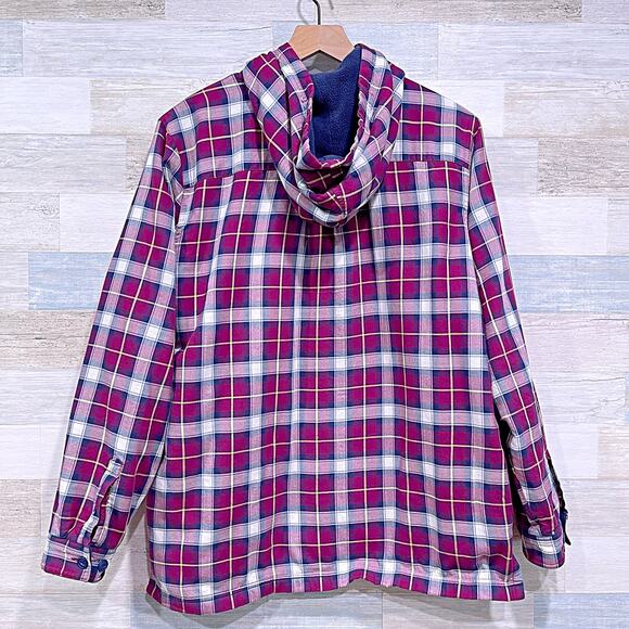 LL Bean Hooded Fleece Lined Shacket Red Blue Plaid Shirt Jacket Womens Large - Picture 3 of 6